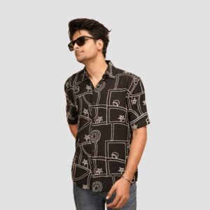 KASH Cosmic Sketch Cuban Collar Shirt – Black Abstract Print for Men