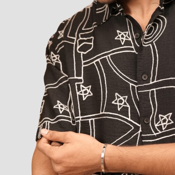 KASH Cosmic Sketch Cuban Collar Shirt – Black Abstract Print for Men - Image 2