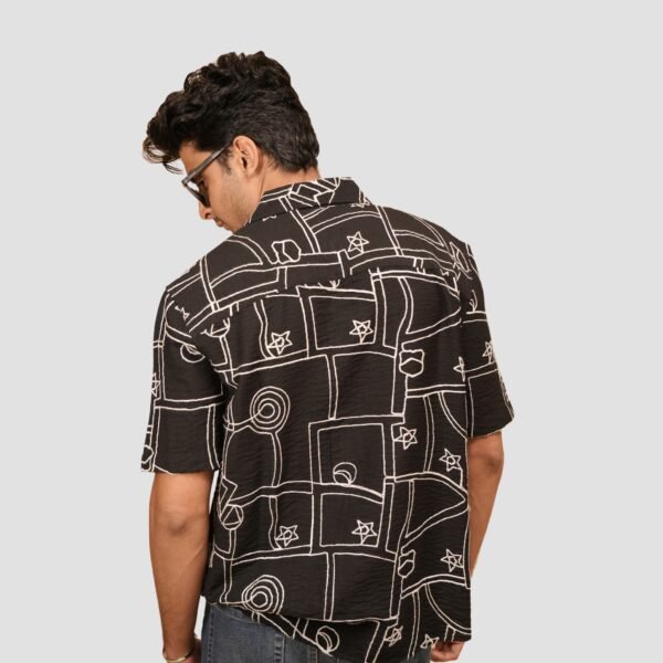 KASH Cosmic Sketch Cuban Collar Shirt – Black Abstract Print for Men - Image 4
