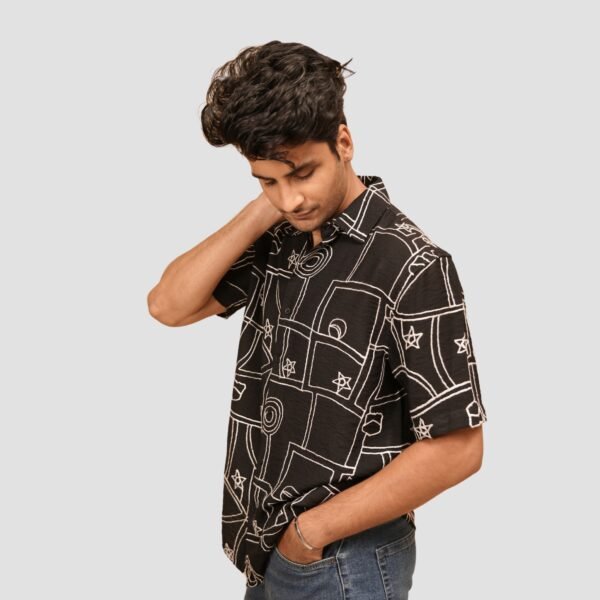 KASH Cosmic Sketch Cuban Collar Shirt – Black Abstract Print for Men - Image 3