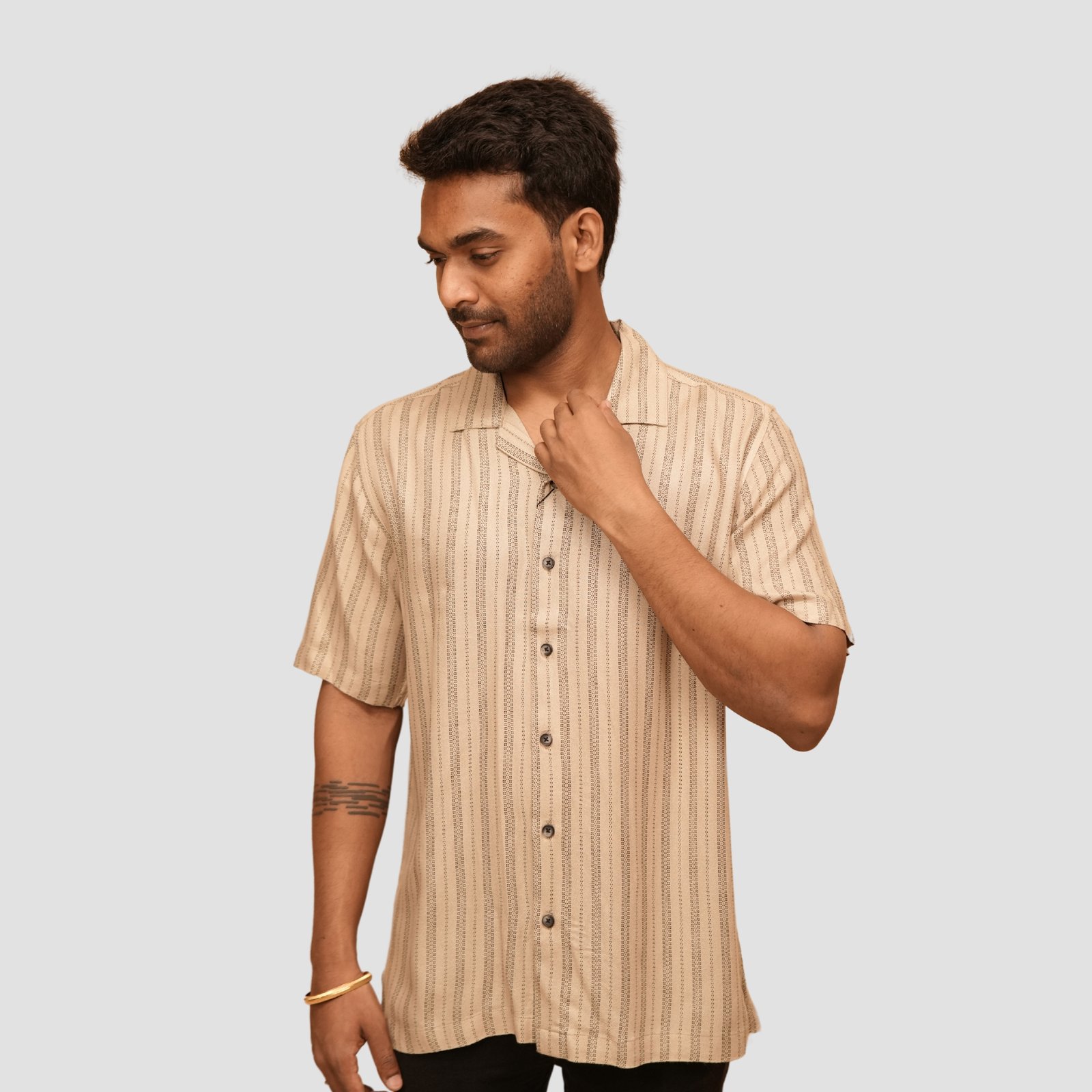 Beige Striped Casual Shirt for Men – Cotton Blend, Summer 2025 Collection | Kash