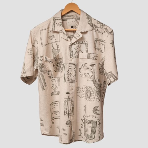 KASH Beige Doodle Print Cuban Collar Shirt – Artistic Resort Wear for Men - Image 2