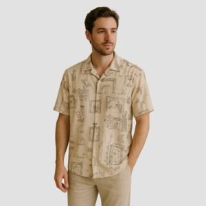 KASH Beige Doodle Print Cuban Collar Shirt – Artistic Resort Wear for Men