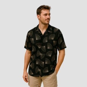 KASH Black Cuban Collar Shirt for Men – Relaxed Fit Geometric Print