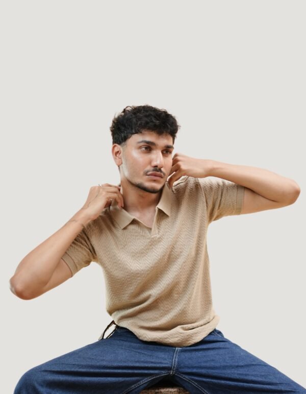 Beige Heavy Knitted T-Shirt | Dual-Side Premium Polo by Kash